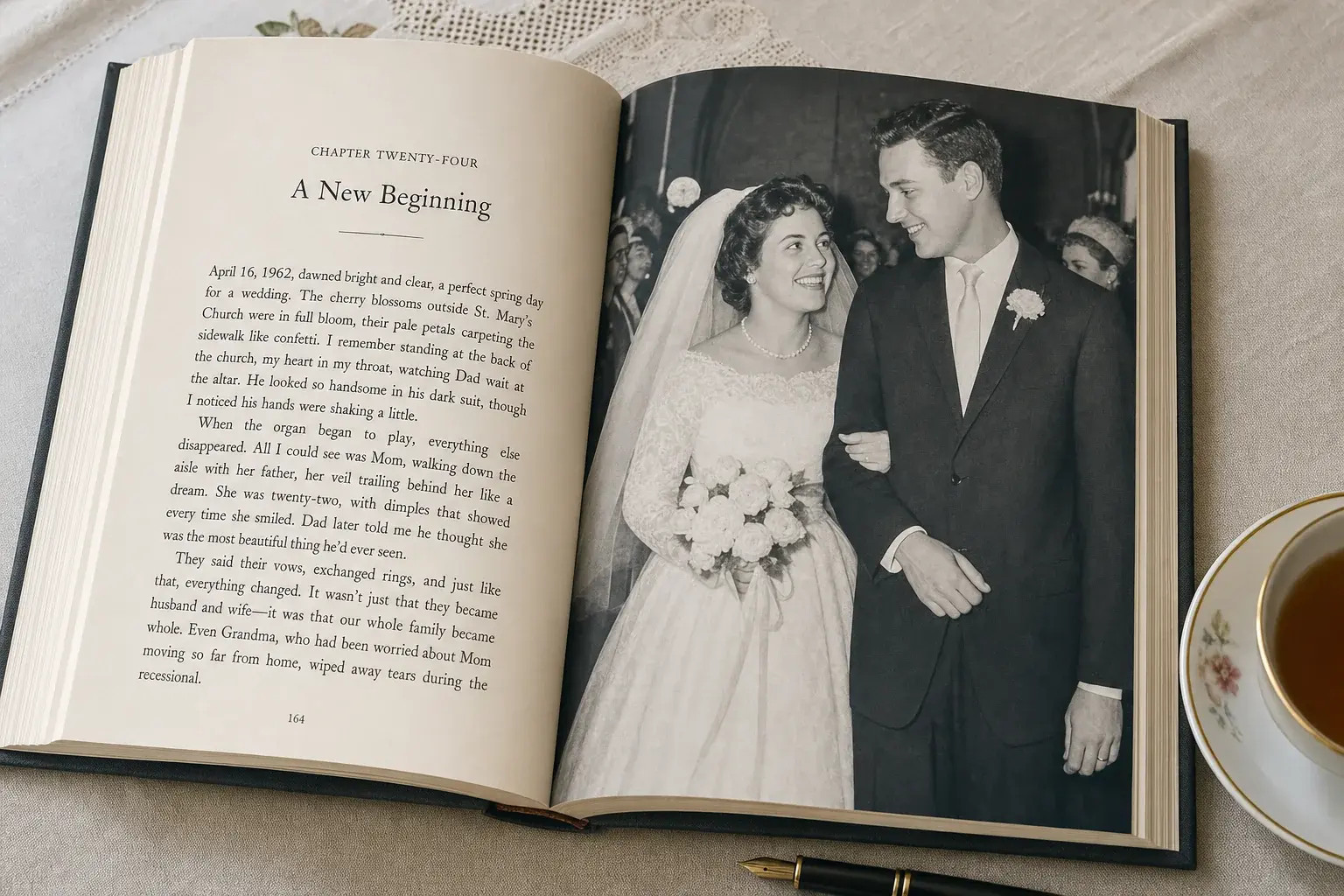 An open memoir showing a chapter with a restored family photograph