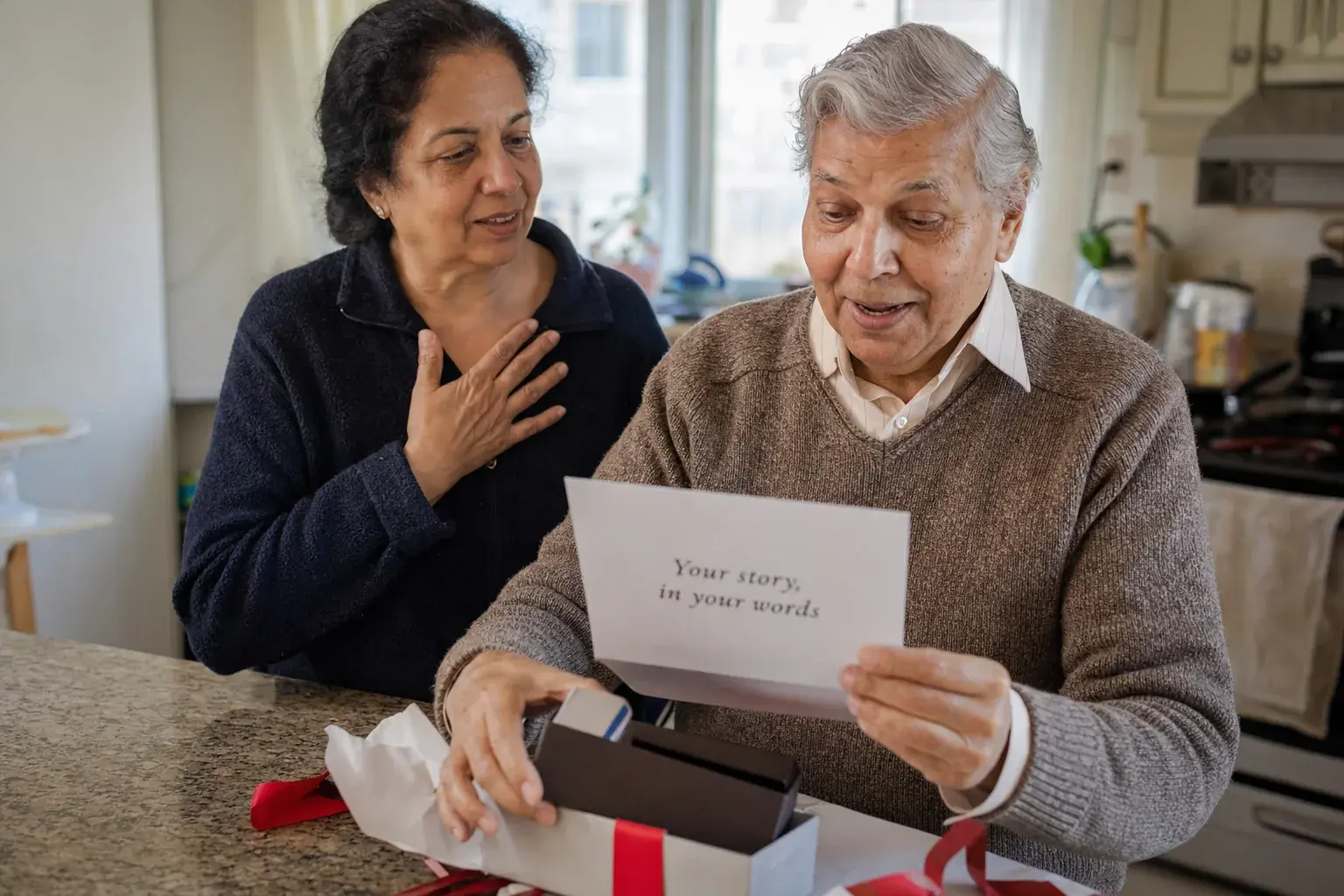 A father unwrapping the gift box from his daughter