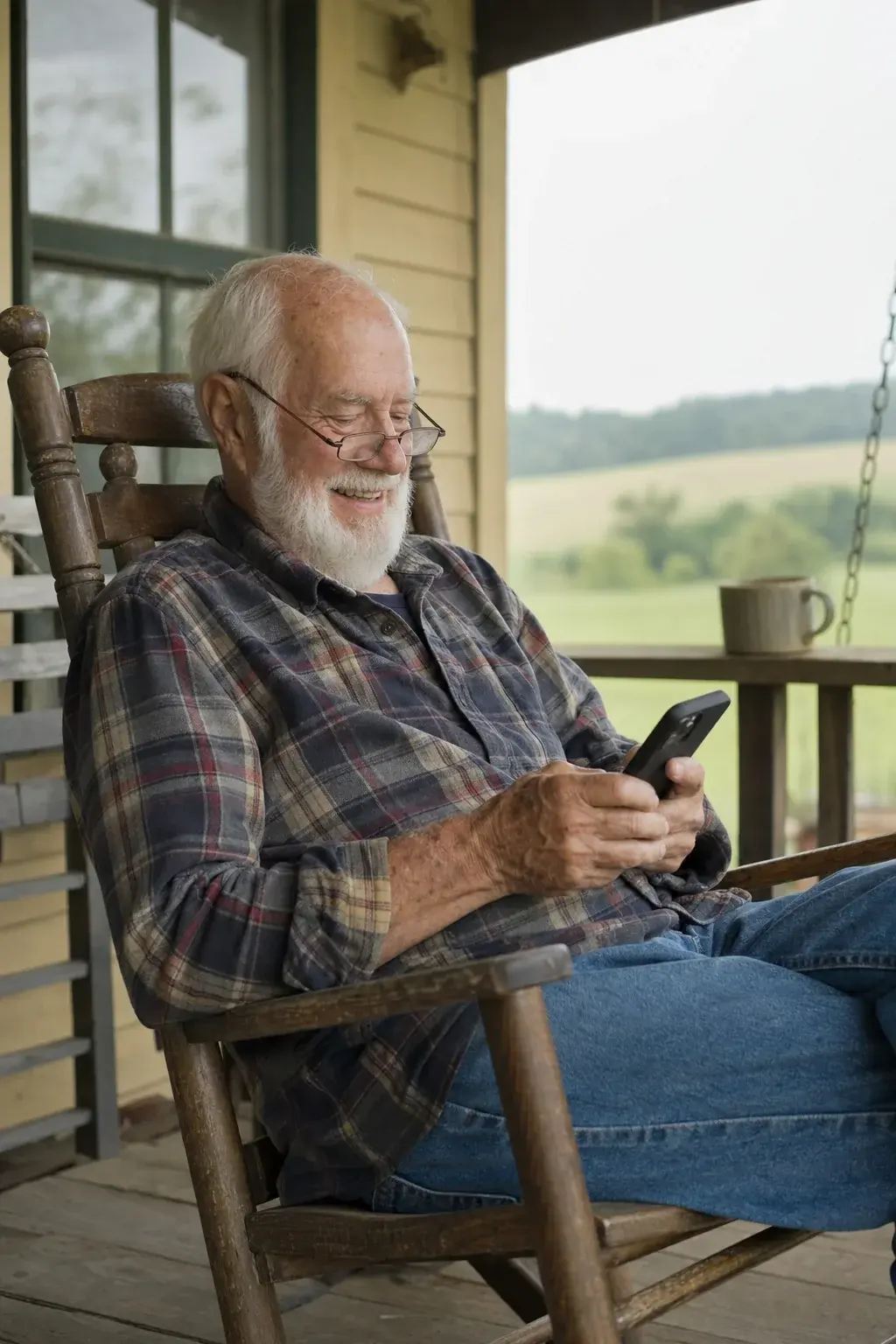 An older man smiling as he replies to a text message on his porch